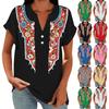 Damen Freizeit Locker Sitzend Kurzarm Knopf V-Ausschnitt Blumenmuster Bluse Top Leicht Atmungsaktiv Sommerhemd