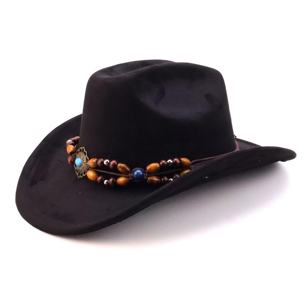 Hot-selling new western cowboy hat Tibetan wood bead accessories hat solid color suede one-word cowboy hat