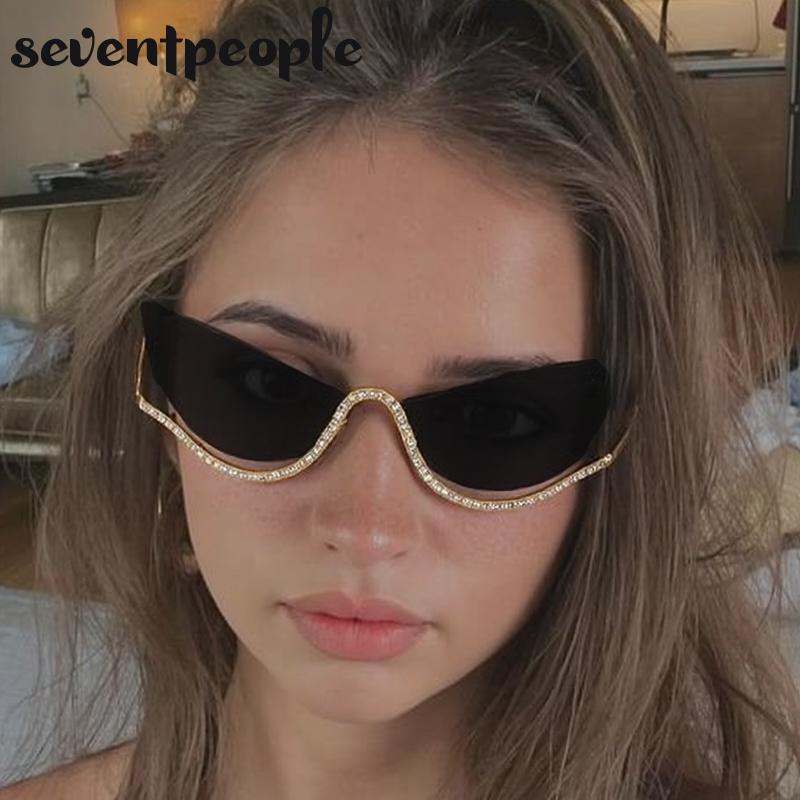 Sexy Cat Eye Punk Rimless Sunglasses Women  Luxury Brand Vintage Metal Frame Rhinestone Sun Glasses For Lady Eyewear UV400