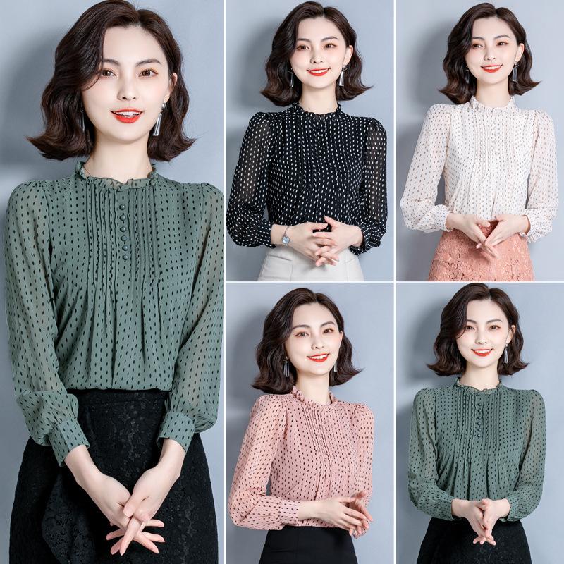 Moda coreana Primavera 2026: Camicia Larga in Chiffon a Pois con Volant - Top Elegante e alla Moda per Donna