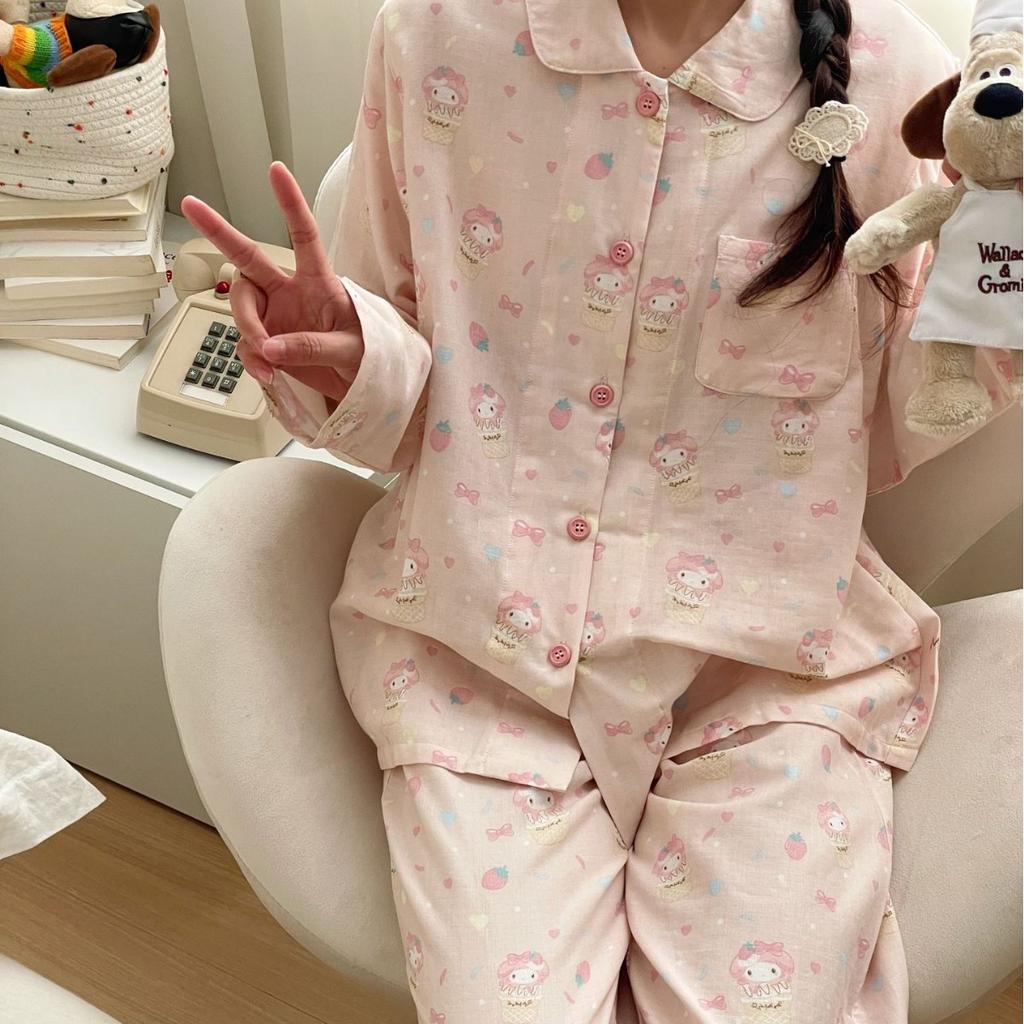 11 pajamas loungewear small lapel women's simple cotton double-layer yarn pajamas Melody breathable loungewear