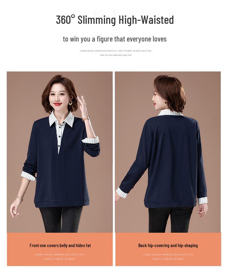 Plus Size Pure Cotton Polo Shirt - Early Autumn Long-Sleeve with Turn-Down Collar for Middle-Aged Women