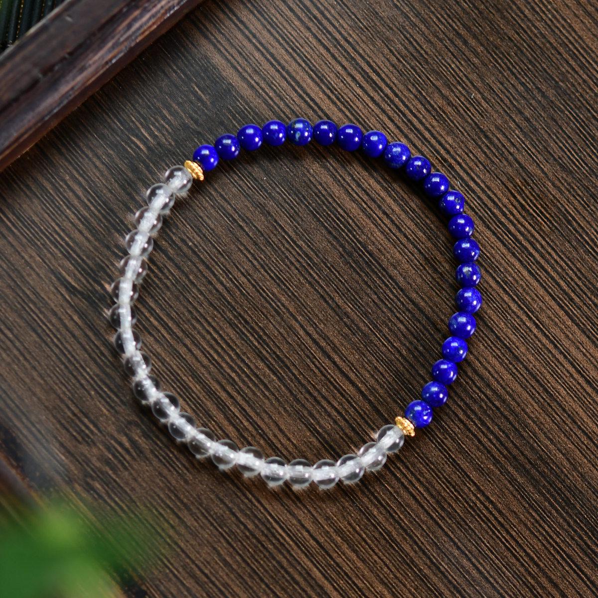 Элегантный Минималистичный Серебряный Браслет с Кристаллами и Бусинами из Лазурита Lapis Lazuli