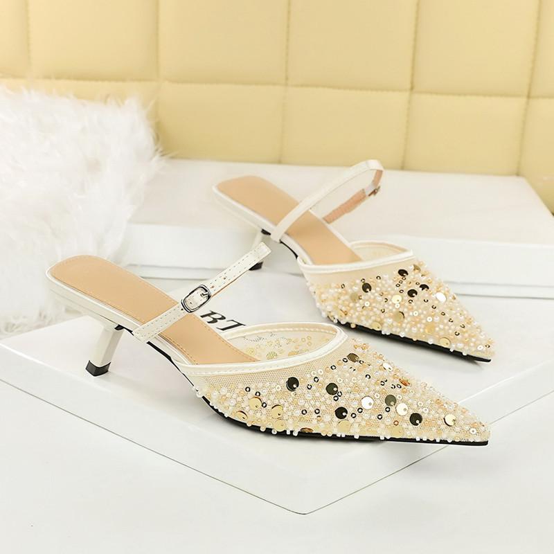 Fashion Fashion Pearls Sequined Rhinestones Women Pumps Summer Air Mesh Thin High Heels Mules Slides Elegant Slingbacks Party Lady Shoes