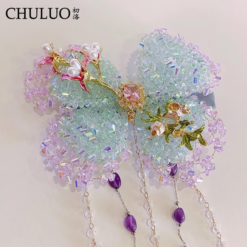 Handmade Crystal Beaded Bow Hair Clip Women Ice Blue Butterfly Knot Duckbill Clamp Sweet Vintage Chinese Style Ice Blue Butterfly Knot Duckbill Hair Clip
