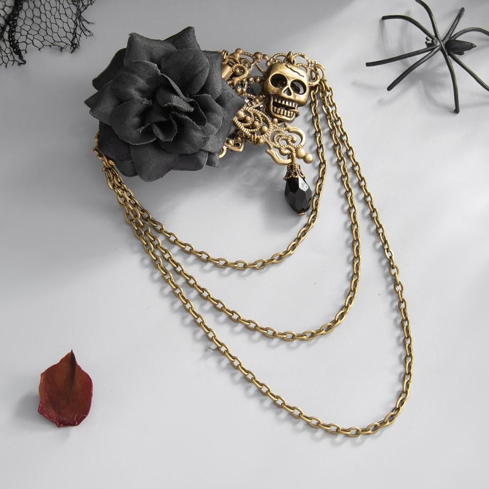 Multi Layer Chain Skull Brooch Antique Metal Lapel Pin Velvet Rose Brooch For Cosplay Costume
