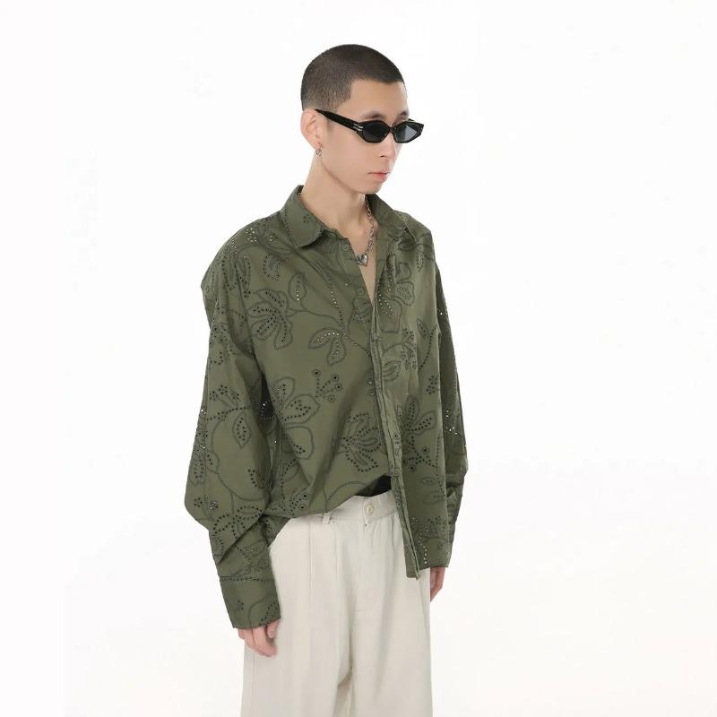 Niche Hollow Shirt Men's Long-sleeved Autumn New Design Jacquard Green Shirt