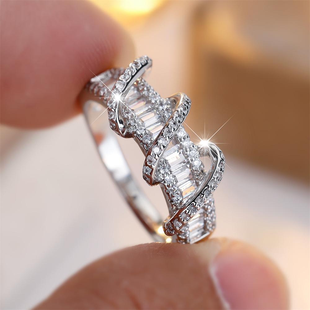 Geometric Crystal White Zircon Rings For Women Classic CopperColor Engagement Bands Wedding Jewelry