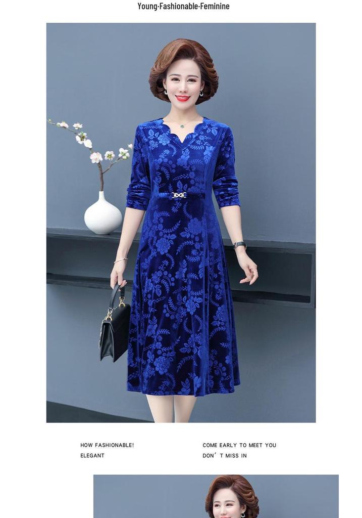 Abito da Donna 2026 Primavera con Rilievo e Scollo a V per Donne di Mezza Età e Anziane - Elegante, alla Moda, Manica Lunga, Gonna ad Ampio Orlo