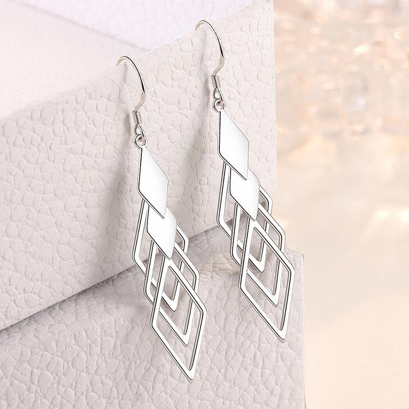 New Fashion Silver Color Stackable Hollow -Out Rhombus Mosaic Cubic Zircon Earrings For Women Long Tassel Jewelry Gift