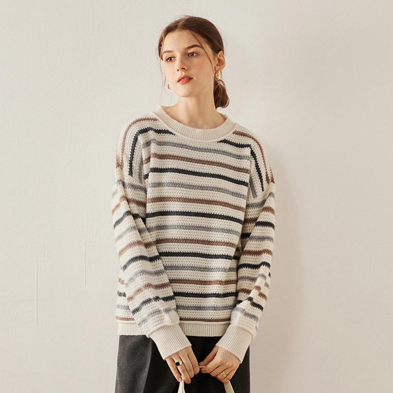 Striped Color Block Women's Drop Shoulder Cashmere Pullover Sweater
