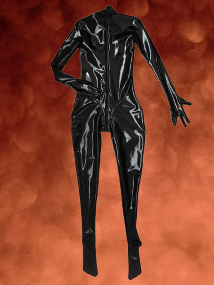 Combinaison Brillante PVC Wetlook Amincissante Poitrine Chaude Sexy Zentai Bodysuit Faux Latex Gant Cinq Doigts Collant Intégral Leotard Femme
