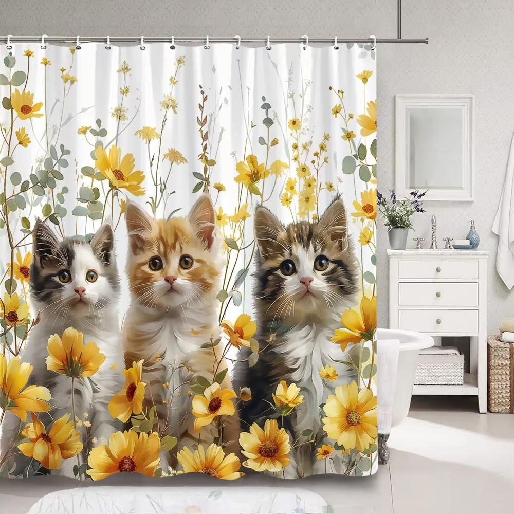 Cartoon Cat Shower Curtain, Plant leaves Bathroom Decorative Shower Curtain, Printed Fabric Home Curtain with Hooks