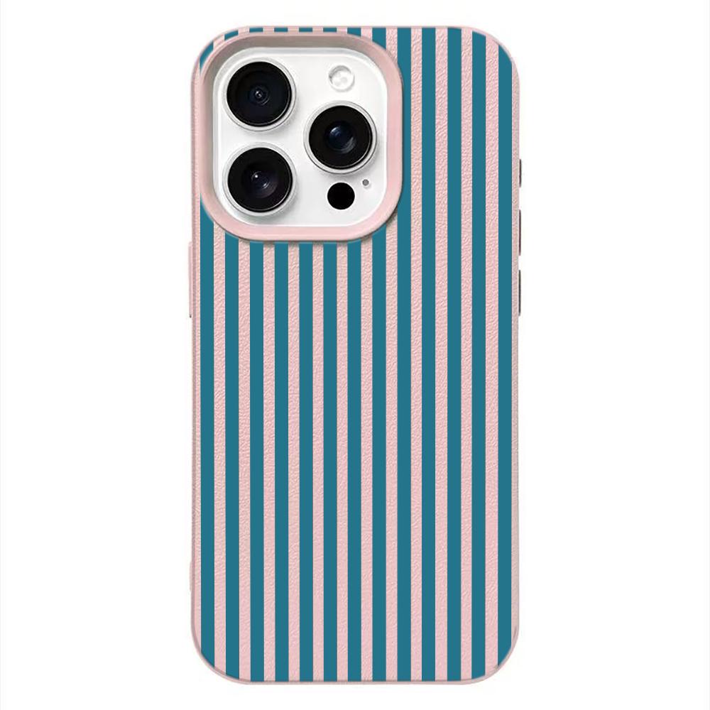 Blue Stripe Minimalist Lychee Texture Case for iPhone 17 17E 16 15 14 13 12 11 Pro Max Vintage Shockproof Protector