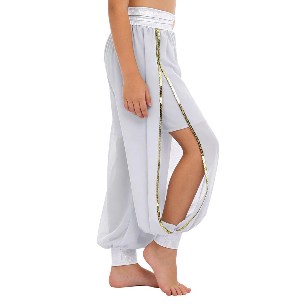 Shorts de Danse du Ventre pour Filles Chiffon Anneau O Taille Froncée Pantalon à Fente Latérale Costume d'Halloween Carnaval
