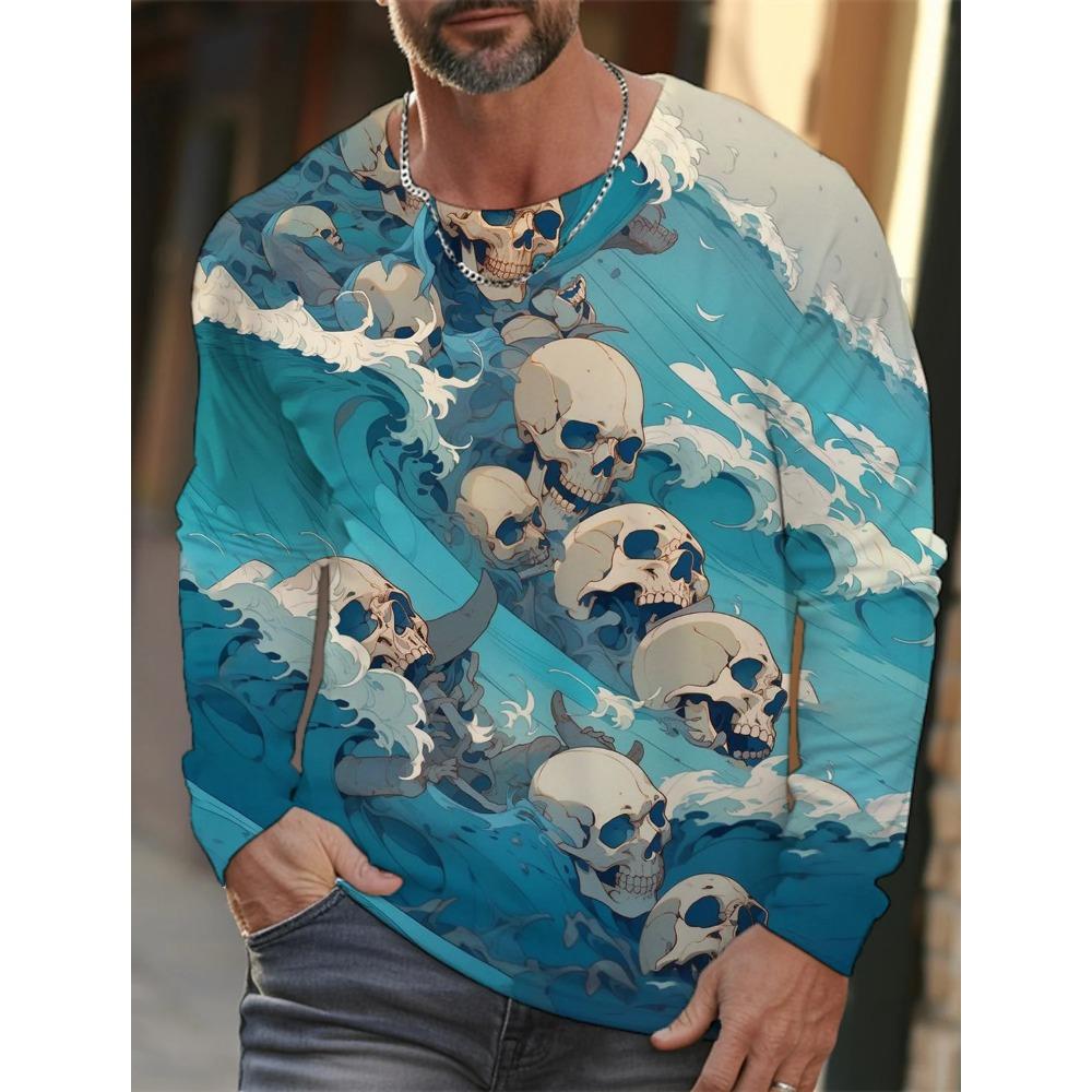 Spring and Autumn Round Neck 3D Ukiyoe  Printed Top Fashionable Casual Long Sleeved Men's T-shirts