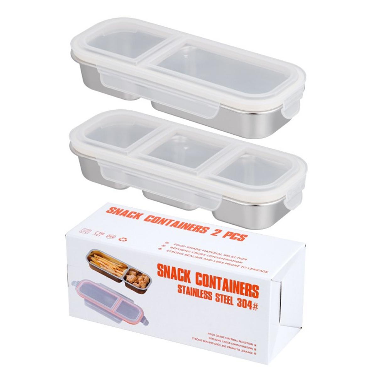 2 Pieces Stainless Steel Snack Containers with Leak Proof Design Compartments Food Boxes for Organized Snack Storage Silver