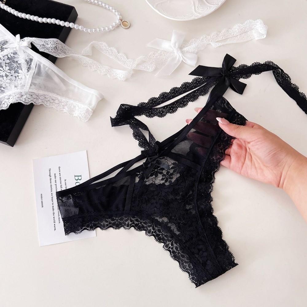 Bow Hanging Neck Chain Lace Flower Transparent Briefs Patchwork Underwear for Women  Lady