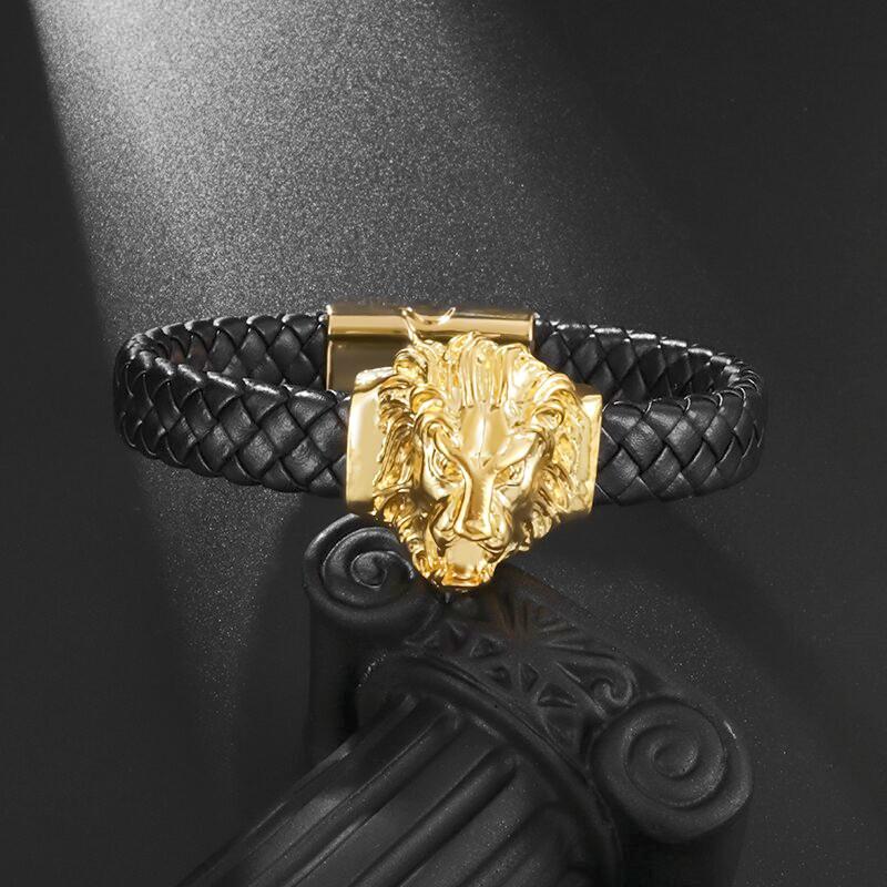 New Punk Style Lion Head Single Layer Handwoven Leather Bracelet Men\'s Domineering Animal Lion Bracelet Casual Jewelry Gift