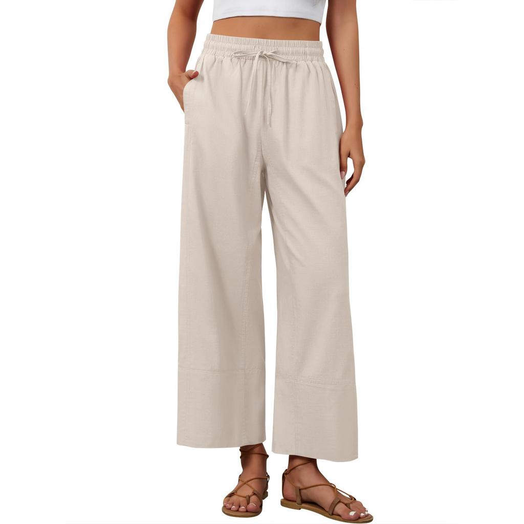 Women’s Wide Leg Long Casual Pants with Drawstring Waist and Pockets Relaxed Fit Lightweight Beach Style Trousers for Everyday Wear