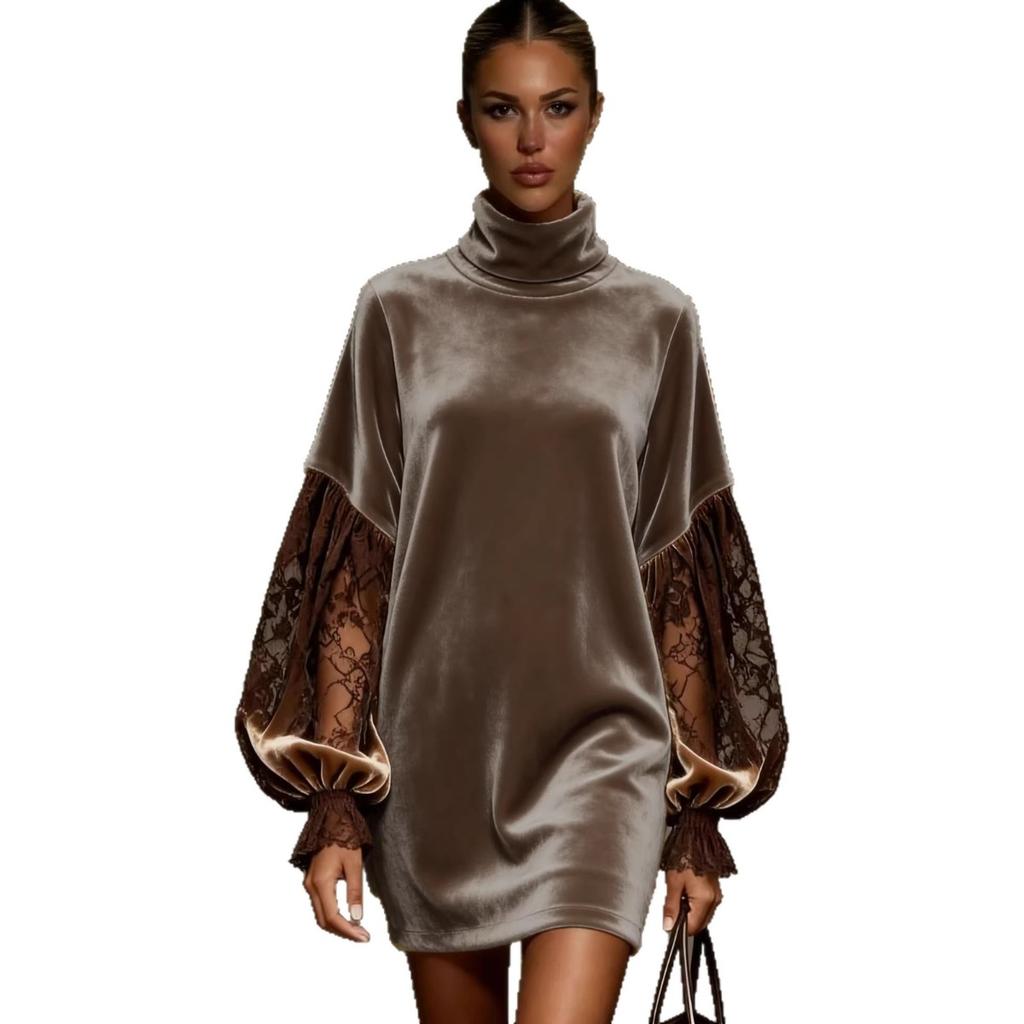 New Arrival Women's Elegant Stand Collar Velvet Lace Patchwork Long Sleeve Dress, Casual Fashion Party Dress for Women European American Style