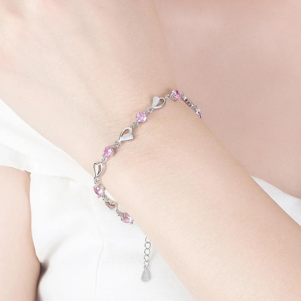 925 Silver Heart Shaped Bracelet For Women Retro Korean Versatile Pink Crystal Charm Bracelets Original Party Jewelry