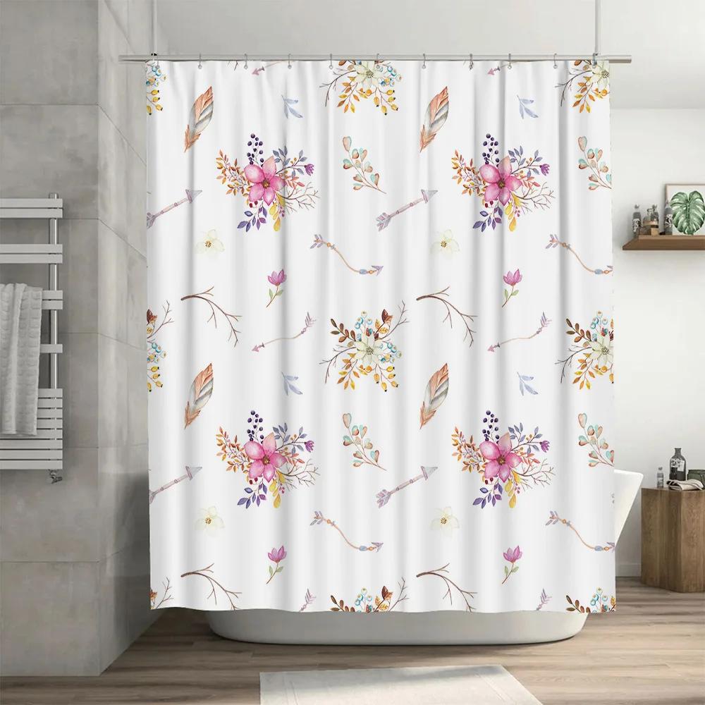 Watercolor Floral Arrow Shower Curtain, Waterproof & Mildew-Resistant Bath Curtain with Artistic Design for Fresh Bathroom Decor