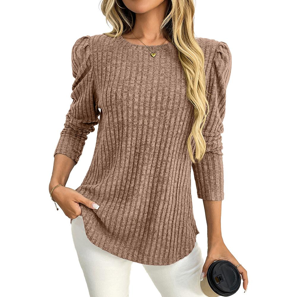 Women Solid Crew Neck Puff Sleeve Long Sleeve Brushed Striped T Shirt Top