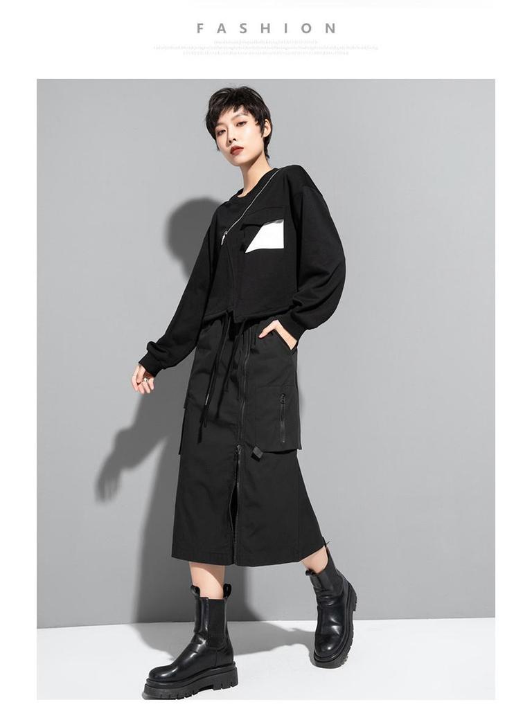 Fustă casual de primăvară și toamnă pentru femei cu șireturi și talie elastică - Culoare uni, Lungime medie, Versatilă, Subțiază, Tendință europeană și americană