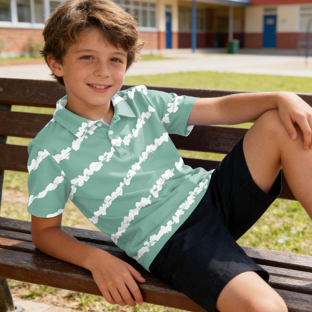 Kids Polo Shirt Short Sleeve Quick Dry Breathable Fabric Collared Tee with Striped Pattern Suitable for Casual Wear and Outdoor Activities
