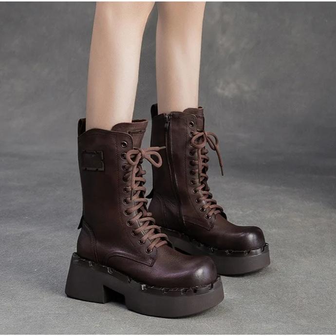 Johnature Genuine Leather Retro Thick Soled Mid-calf Boots Versatile Round Toe Women's Platform Boots