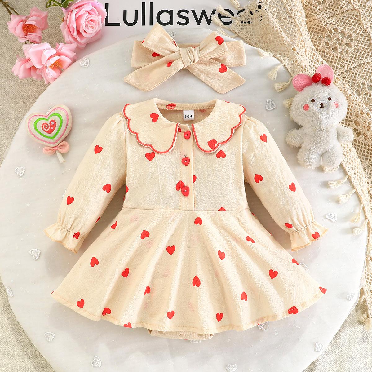 

Girls Heart Print Large Collar Triangle Jumpsuit Apricot Long Sleeve + Bow Hair Accessory 6-9M