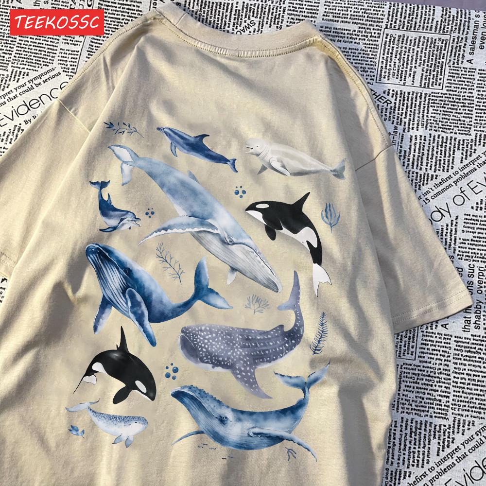Fashion Cotton WomenS TShirts Ocean And Whales Printing Tops Oversize ONeck Soft Short Sleeve Summer Casual Female Clothes