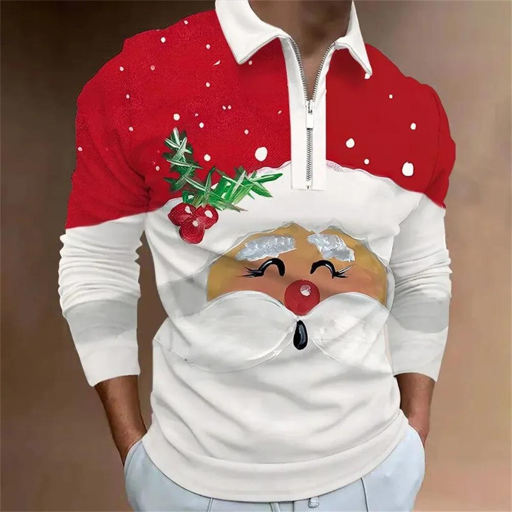 Father Christmas cartoon pattern digital 3D printing polo shirt large size loose men's zip lapel shirt