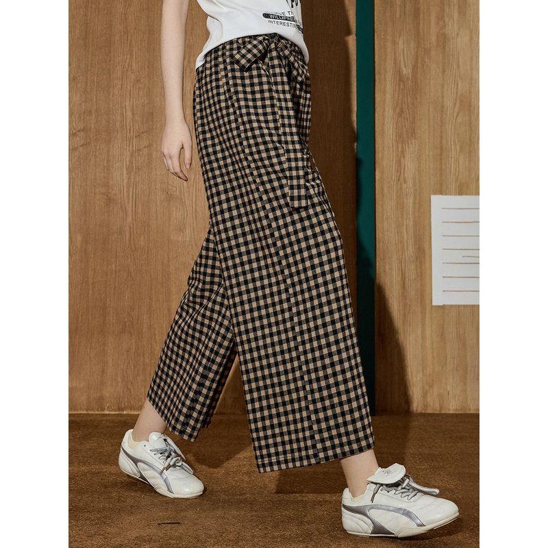 Coolhut High-Waisted Casual Plaid Wide-Leg Pants for Women, Retro Design, Simple and Elegant, 2025 Summer Casual Pants