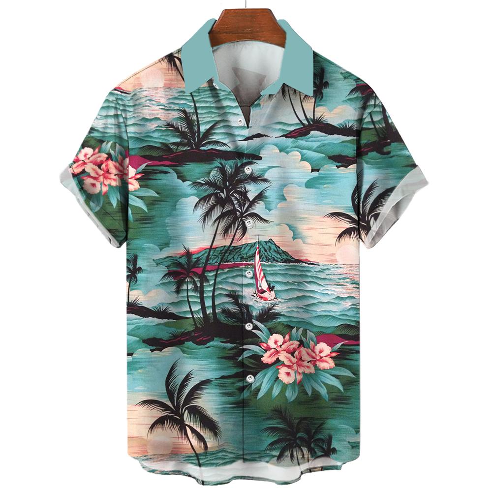 Hawaiian shirt, men's and women's 3D palm tree print, fashionable casual short sleeved shirt, lapel button top, oversized unisex clothing