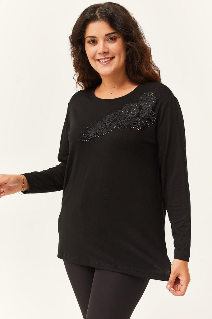 Damen Übergröße Bluse Große Größe Vordere Blattstickerei Guipure-Detail Schwarze Bluse