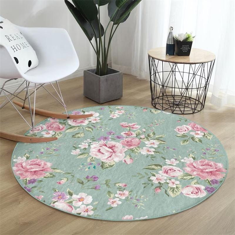 Rose Round Rug Floral Floor Carpet Flower Non Slip Circle Rugs Plant Anti Slip Mat Bloom Area Rugs Green Rug for Living Room