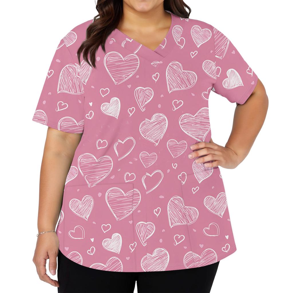 Modisches Damen-Arbeitsoberteil mit V-Ausschnitt und kurzen Ärmeln, Seitenschlitzen, Taschen und verziert mit Valentinstag-Herzelementen und Herzprints.