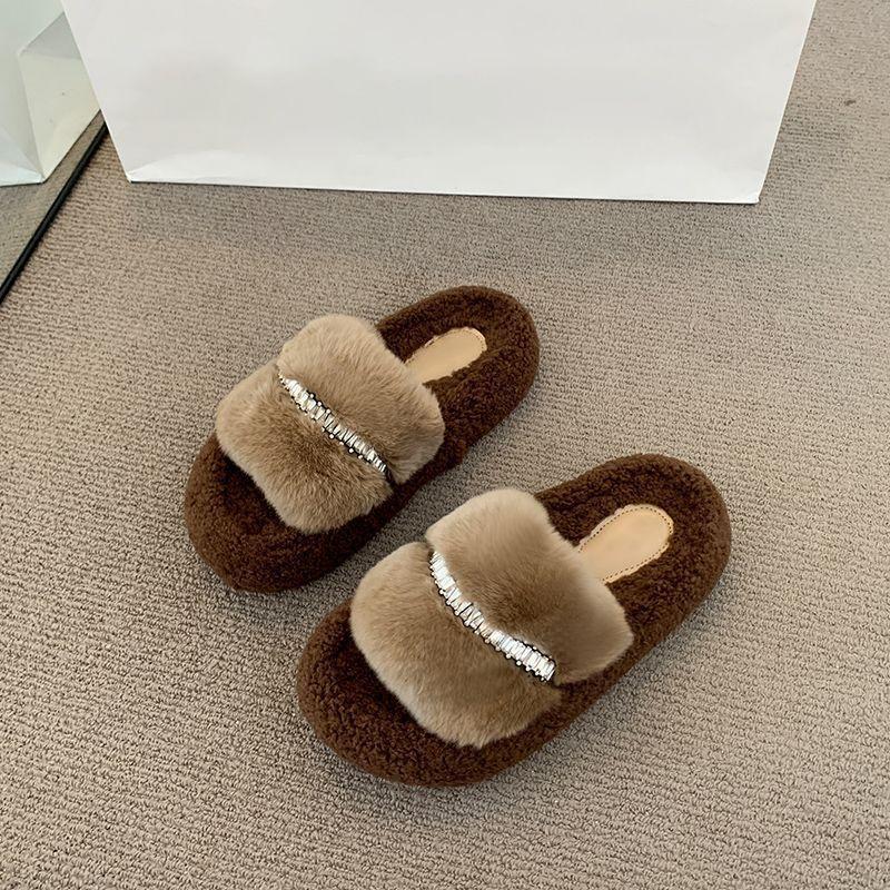 2025 autumn and winter new thick-bottomed fluffy slippers for women, fashionable and versatile for outdoor wear, indoor and outdoor lazy cotton slippe