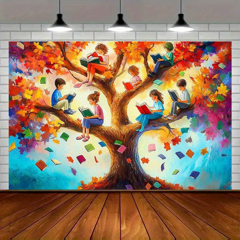 1pc Autumn Reading Tree Polyester Banner - Multi-functional room and party decoration durable and easy to hang