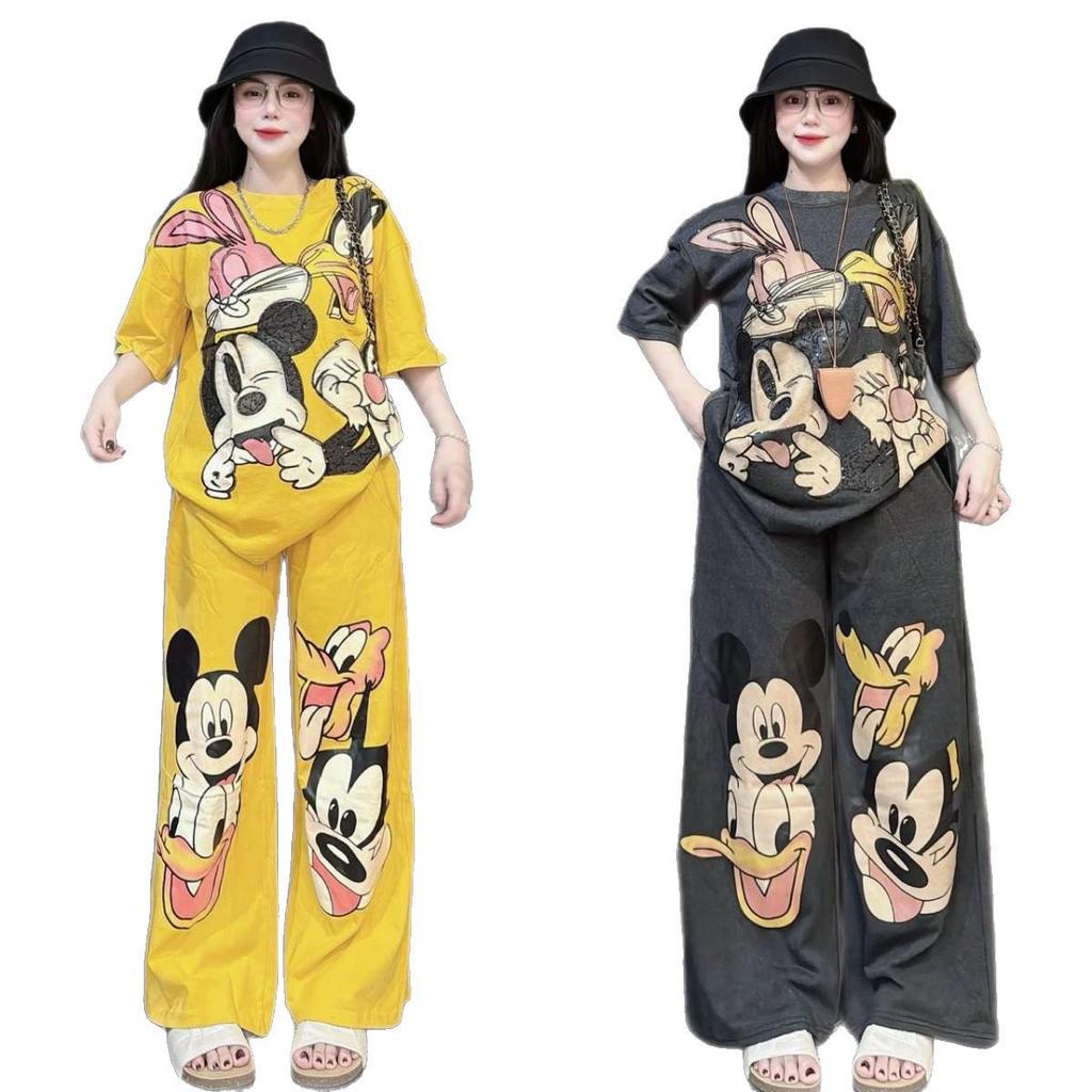 Southeast Asian Women's Cartoon Print Short Sleeve Top & Wide-Leg Pants, Casual Plus Size Summer Two-Piece Set