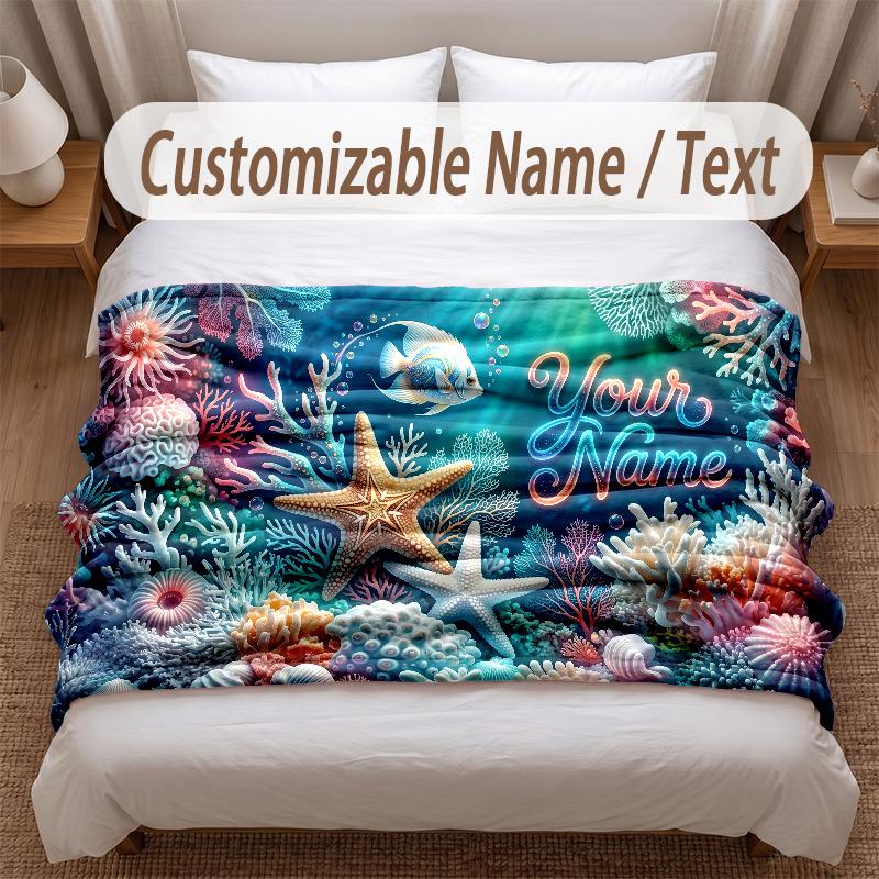 Fish Ocean Theme Soft Blanket Personalized Custom Name Text Print Warm Blanket Home Sofa Bedroom Decor