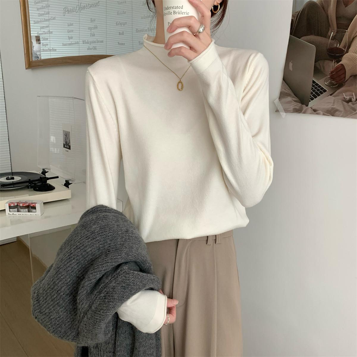 

Curled semi-turtleneck sweater women s autumn and winter basic inner top long-sleeved Korean version versatile fashionable stacked bottoming shirt XL абрикосовий