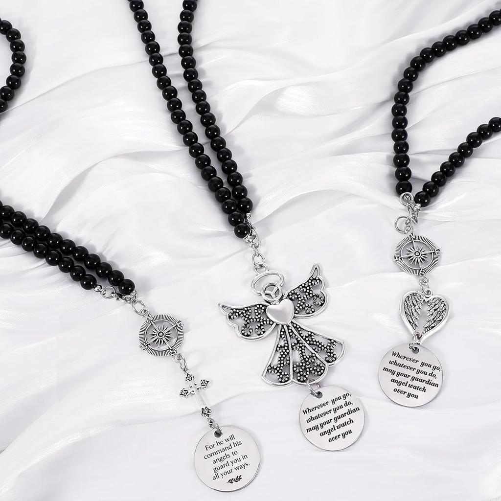 3 Pack Guardian Angel Rearview Mirror Charm, Angel Wings Cross Car Charm Pendant Guardian Angel Hanging Ornament Rear View Mirror Hanger Decor