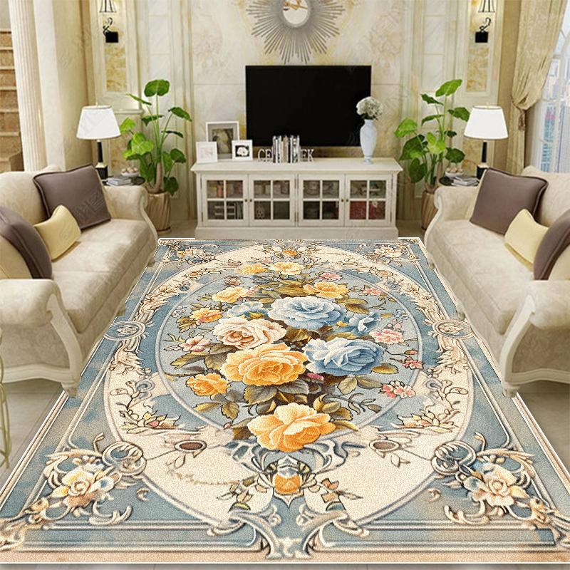 European Style Retro Decoration Carpets Living Room Flower Pattern Rugs Hall Sofa Area Rug Mat Bedroom Cloakroom Anti-Slip Floor