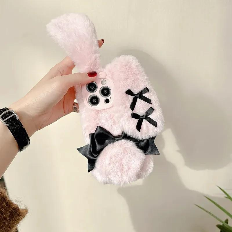 For IPhone17 16 Pro Max 15 14 13 12 11 Bow Tie Maid Bunny Plush Phone Case Fall Winter Cute Phone Protective Jacket