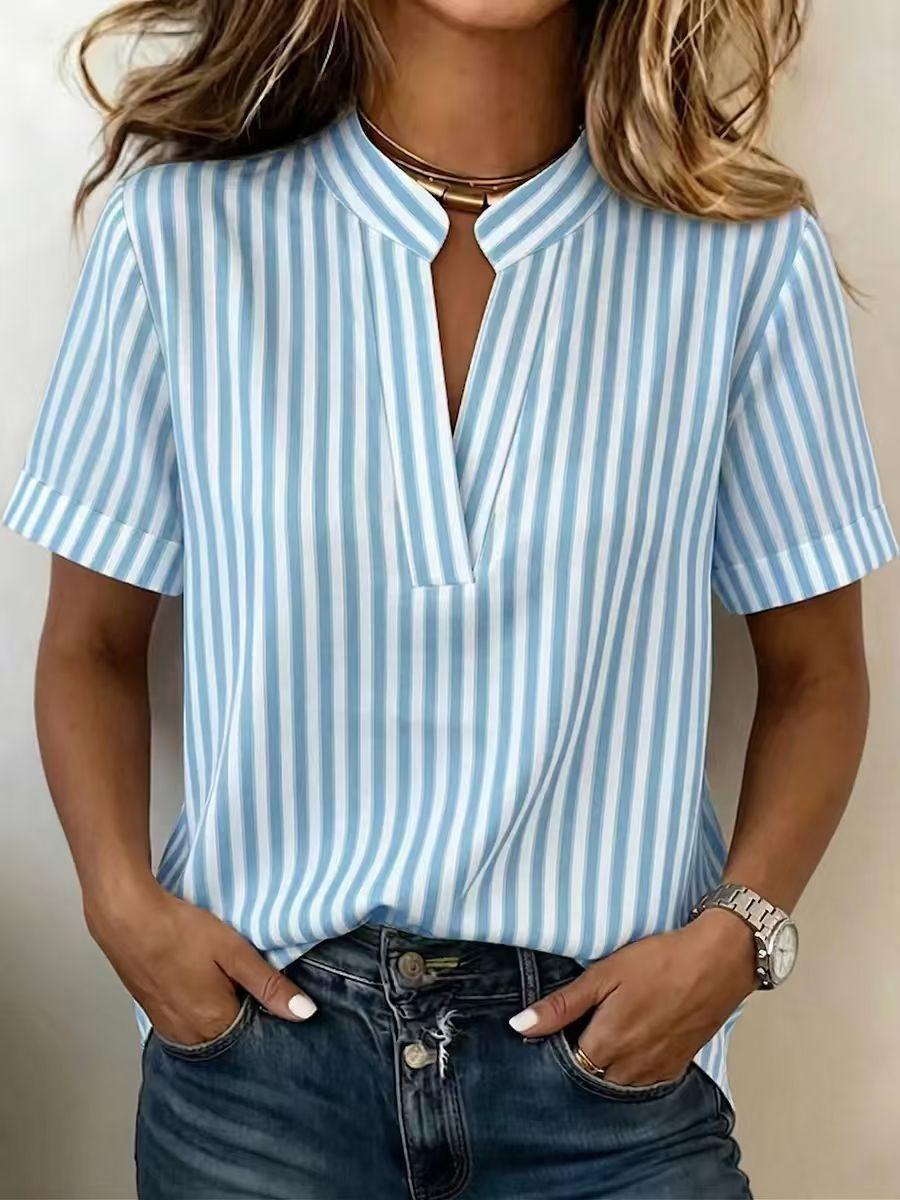 Women Simple Striped Short Sleeve Casual Fashion Blouse Shirt S