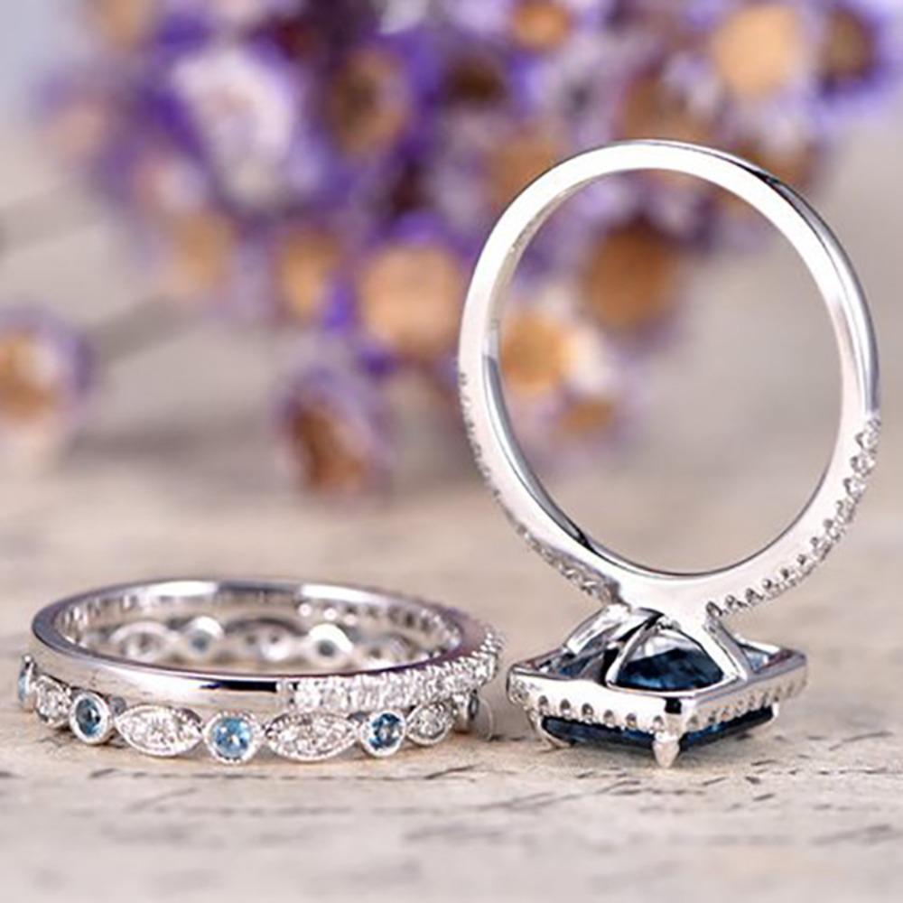 Luxury Charm Shining Full of Sea Blue Zircon Crystal Geometric Square Rings for Women Men Bride Engagement Wedding Jewelry Gift