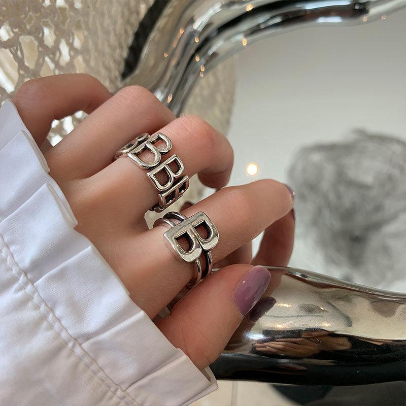 Trendy Distressed Retro Hollow Letter Ring With Geometric Elements For Fashion Womens